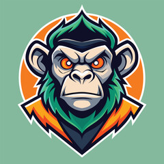 Fototapeta premium A monkey with vibrant green hair and striking orange eyes, cool monkey logo design vector illustrator