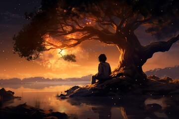 Twilight Muse  A writer contemplating under a tree at twilight, front view, contemplative moment, futuristic tone, Tetradic color scheme