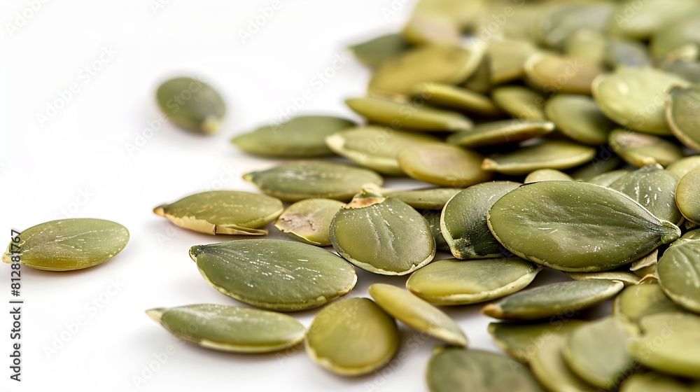 Poster Green pumpkin seeds isolated on white background Scattered seed Package design element with clipping path : Generative AI