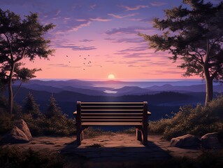 Twilight Solace  A quiet bench overlooking a twilightlit valley, front view, tranquil retreat, robotic tone, Complementary Color Scheme