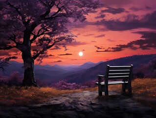Twilight Solace  A quiet bench overlooking a twilightlit valley, front view, tranquil retreat, robotic tone, Complementary Color Scheme