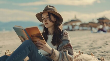 Portrait of a young brunette relaxing on the beach reading a book : Generative AI