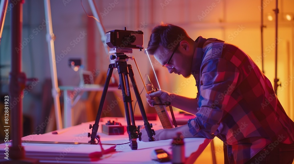 Poster a draughtsman surveying building and taking measurements with a laser measuring tool : generative ai
