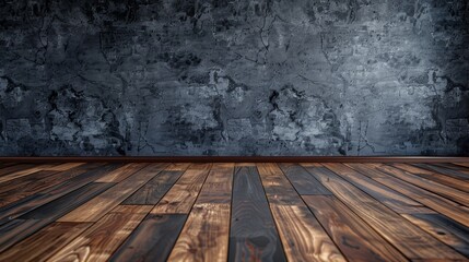 The image is a dark, grungy room with a wooden floor and a concrete wall.