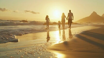 happy family walking on the beach at sunset : Generative AI