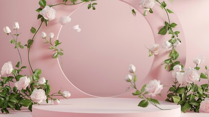 Elegant arch of fresh little roses blank rounded space as podiums  mockup with flying buds and green leaves as stream on pink stage for presentation cosmetic products advertising desig : Generative AI