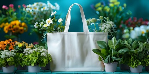Mockup of white tote bag adorned with flowers for branding purposes. Concept Product Mockup, White Tote Bag, Flower Adorned, Branding, Design Concept