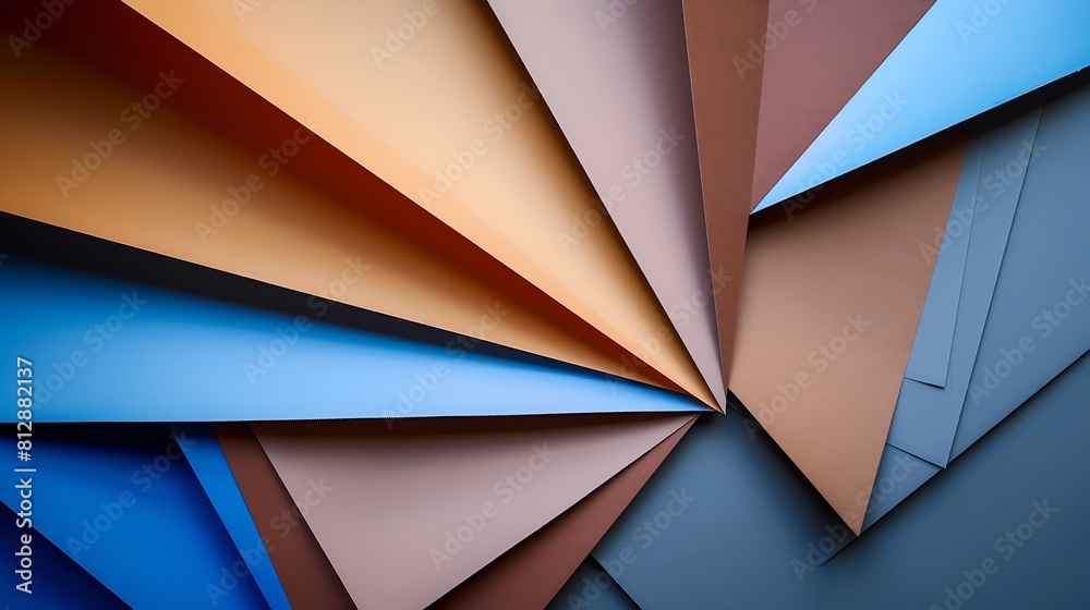 Aufkleber from above layout of colorful cardboard sheets in brown grey and blue shades : generative ai