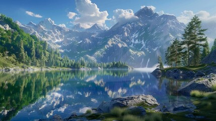Fototapeta na wymiar landscape with lake and mountains hyper realistic 