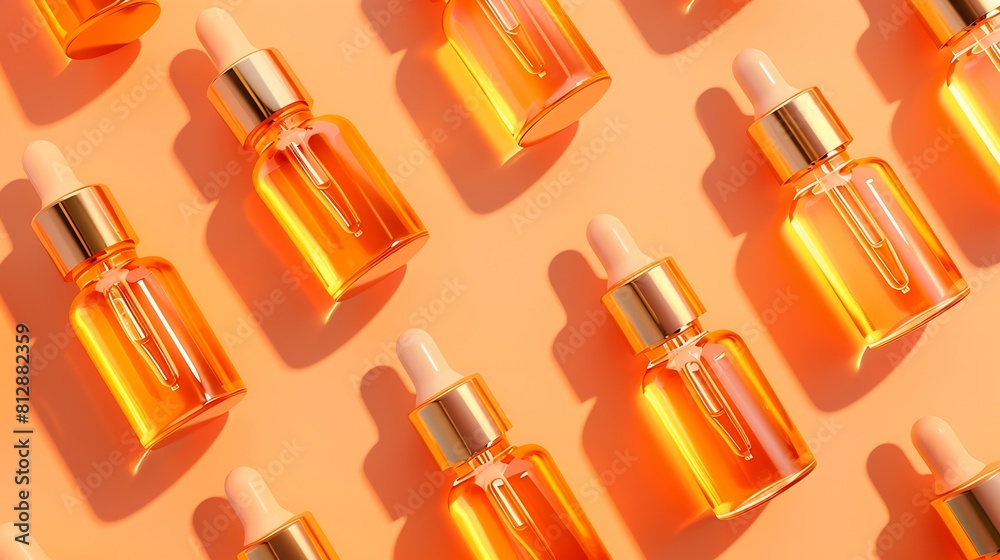 Poster seamless pattern of anti aging serum in glass bottle with dropper on pastel orange background creati