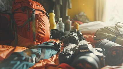 Backpacking suitcase and equipment for summer travel vacation or holiday getaway kit preparation on bed Tourism packing and items for traveler trip or tourist adventure explorer gear i : Generative AI