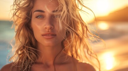 Close up portrait of beautiful blond woman in sexy swimwear posing on the beach in sunset light Prtfect wavy hairs tan skim body Summer tropical mood : Generative AI