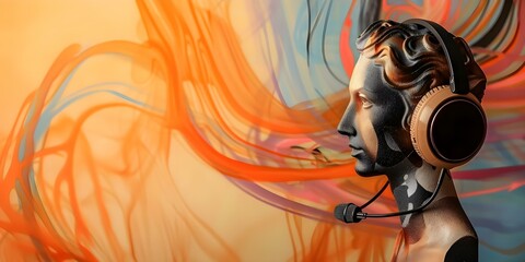 Obraz premium Colorful modern art collage featuring an abstract gypsum statue with headphones. Concept Modern Art, Collage, Abstract, Gypsum Statue, Headphones