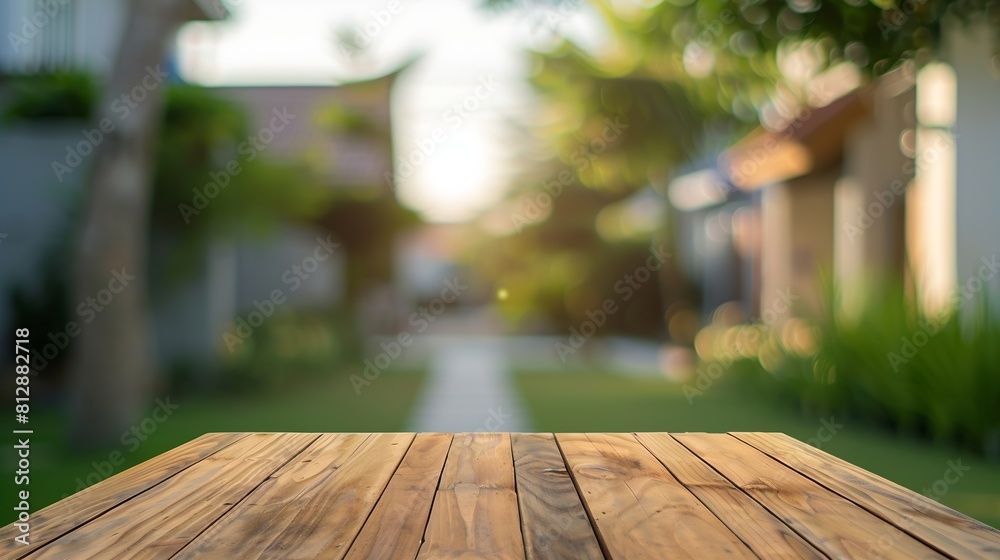 Poster empty wood table top on blur abstract green from garden and house in morning backgroundfor montage p