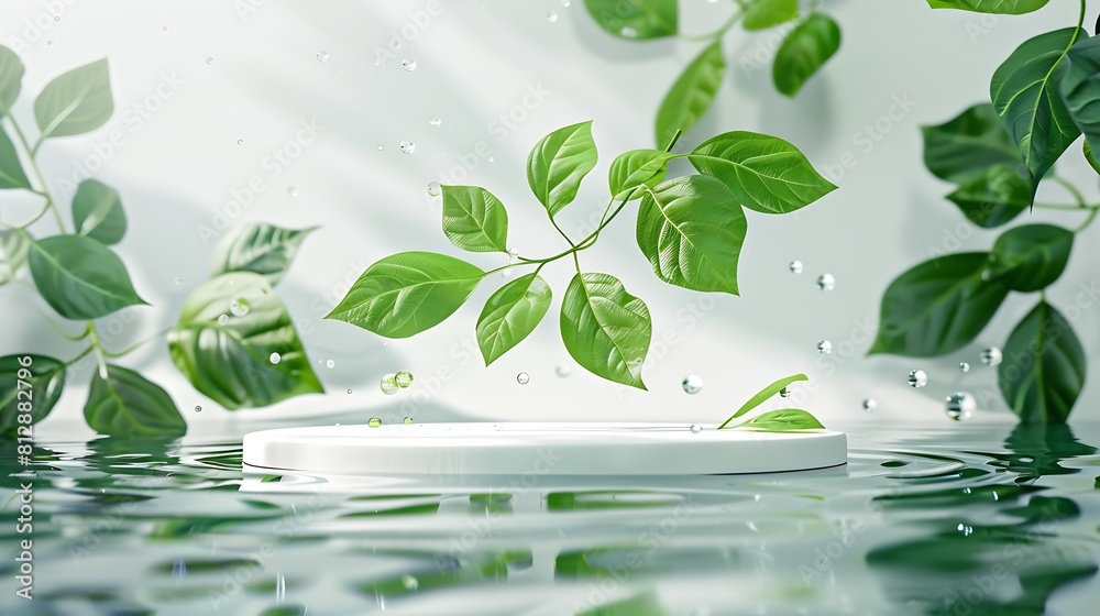 Aufkleber Empty round podium pedestal green leaves against the background of water with drops and ripples : Generative AI