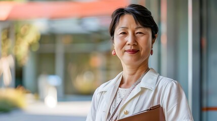 Smiling Asian Professional Woman Holding Notebook in Summer Uniform