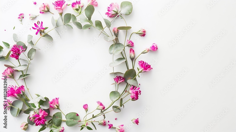 Poster flowers composition wreath made of various pink flowers and eucalyptus branches on white background 