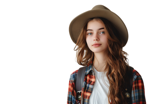 Pretty cute girl dressed stylish clothes going to university on isolated transparent background