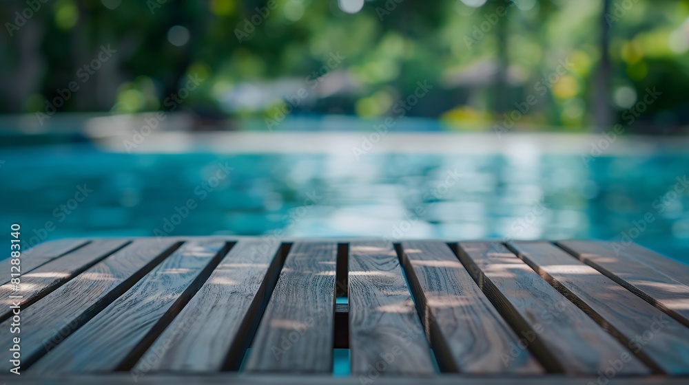 Aufkleber table top and blur swimming pool of the background : generative ai