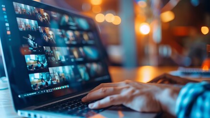 Man use laptop computer to watching and live streaming window for Video streaming on internet and multimedia technology concept : Generative AI