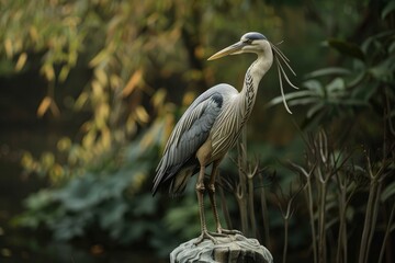 Serene heron perched on a rock surrounded by lush greenery in a tranquil setting