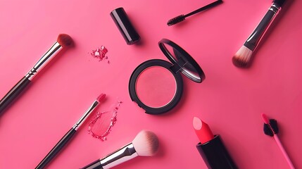 Overhead flat lay of make up items against a pink background various brushes lipstick eye shadow and blush : Generative AI