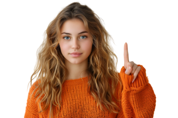 Confident woman dressed orange sweater pointing finger empty space on isolated transparent background