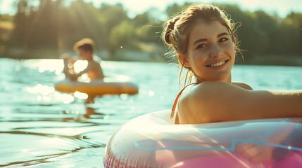 Portrait of happy young woman floating in an innertube with her boyfriend in background at the lake Young couple in lake on inflatable rings : Generative AI