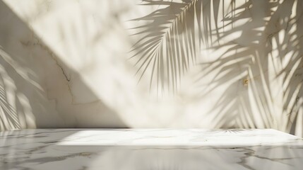 White Marble Table with Palm Leaves Shadow on Beige Wall Texture Background Suitable for Product Presentation Backdrop Display and Mock up : Generative AI