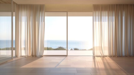 Fototapeta premium Empty room in luxury summer beach house with sea view behind curtains Tropical architecture interior design with neutral color material Minimal natural aesthetic background : Generative AI