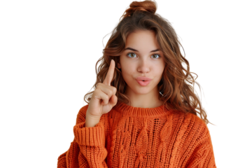Confident woman dressed orange sweater pointing finger empty space on isolated transparent background