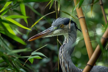 Detailed closeup of a grey heron's head and neck, with a natural green bamboo background