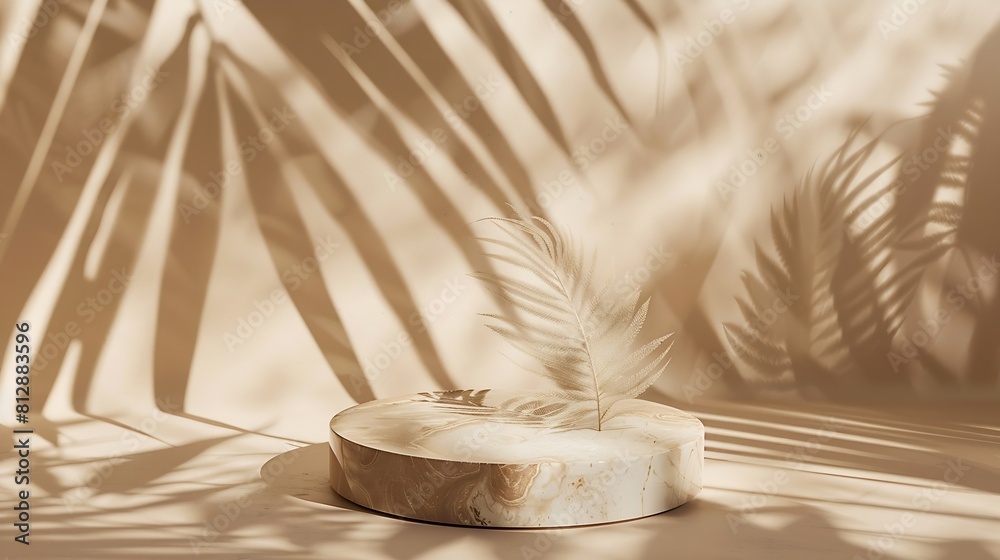 Aufkleber Luxury marble and brown paper color background with tropical palm shadow Natural material with exotic plant shade branding layout Minimal flat lay product podium with leaf silhouette o : Generative AI