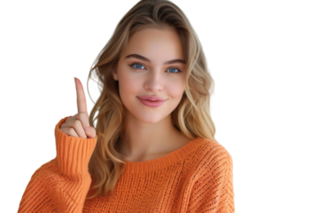 Confident woman dressed orange sweater pointing finger empty space on isolated transparent background