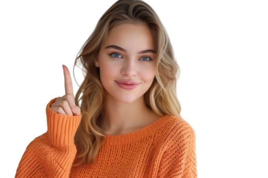 Confident woman dressed orange sweater pointing finger empty space on isolated transparent background