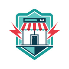 Obraz premium A small store featuring a striking red and white awning, Create a minimalist logo for a sleek and upscale tech store