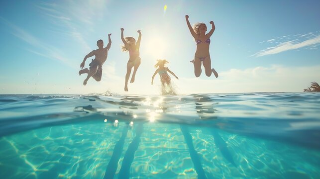 Happy friends jumping in pool on the vacations : Generative AI