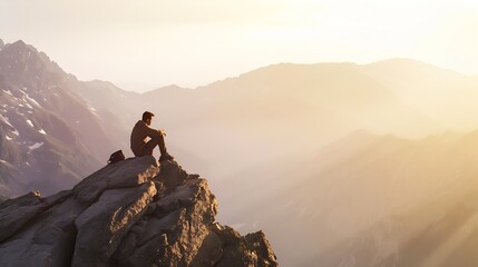 Time for solitude alone in the mountains a guy traveling alone mountain climbing a man sitting on a rock in the mountains resting on a halt on a hike High quality photo : Generative AI