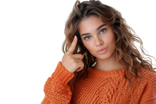 Confident woman dressed orange sweater pointing finger empty space on isolated transparent background