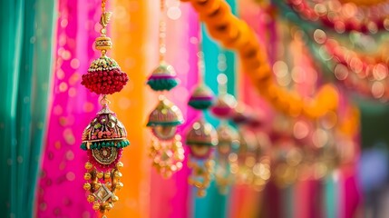 Vibrant mehndi decorations boasting an array of colors, skillfully crafted against a solid background, capturing the essence of celebration and tradition