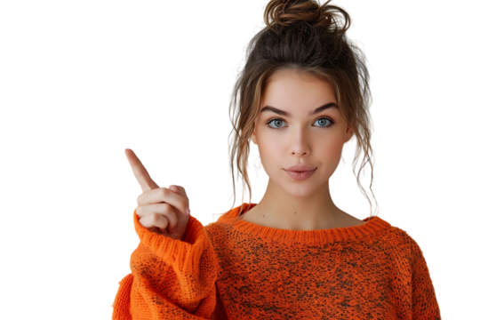 Confident woman dressed orange sweater pointing finger empty space on isolated transparent background