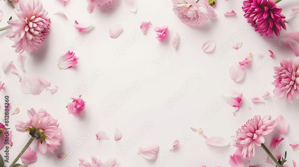 Poster flowers composition frame made of pink flowers on white background valentines day background flat la