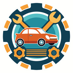 Naklejka premium A car with a wrench and another wrench on top, suggesting maintenance or repairs, Create a simple yet stylish graphic for an automotive maintenance company