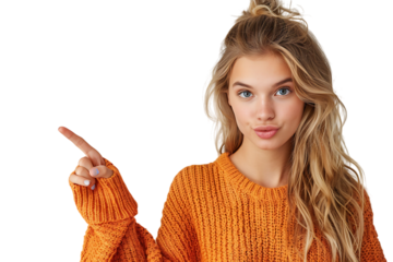 Confident woman dressed orange sweater pointing finger empty space on isolated transparent background
