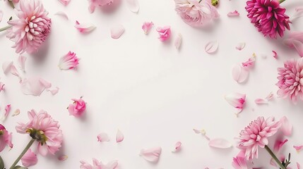 Flowers composition Frame made of pink flowers on white background Valentines Day background Flat lay top view copy space : Generative AI