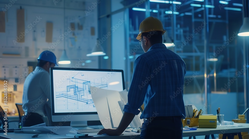 Poster Engineer discussing meeting for architectural project working with partner and engineering tools on workplace Planning Design Draw Teamwork : Generative AI