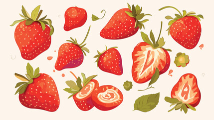 Fresh strawberry with leaves whole and half vector