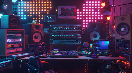 Dynamic VJ Station Setup Glowing with Multicolored LED Lights.