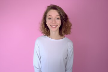Obraz premium Smiling Young Girl on Light Pink Background. Generative AI.