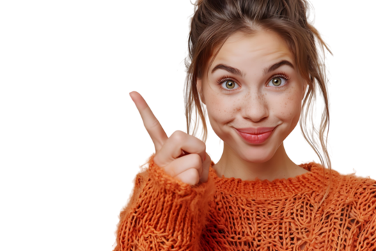 Confident woman dressed orange sweater pointing finger empty space on isolated transparent background